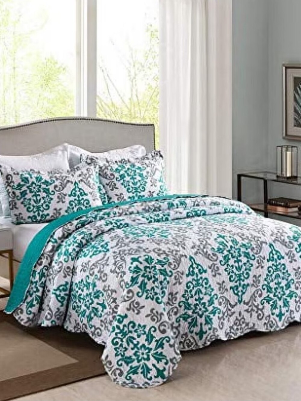 King 4 Piece Teal Gray Black Damask Comforter Set